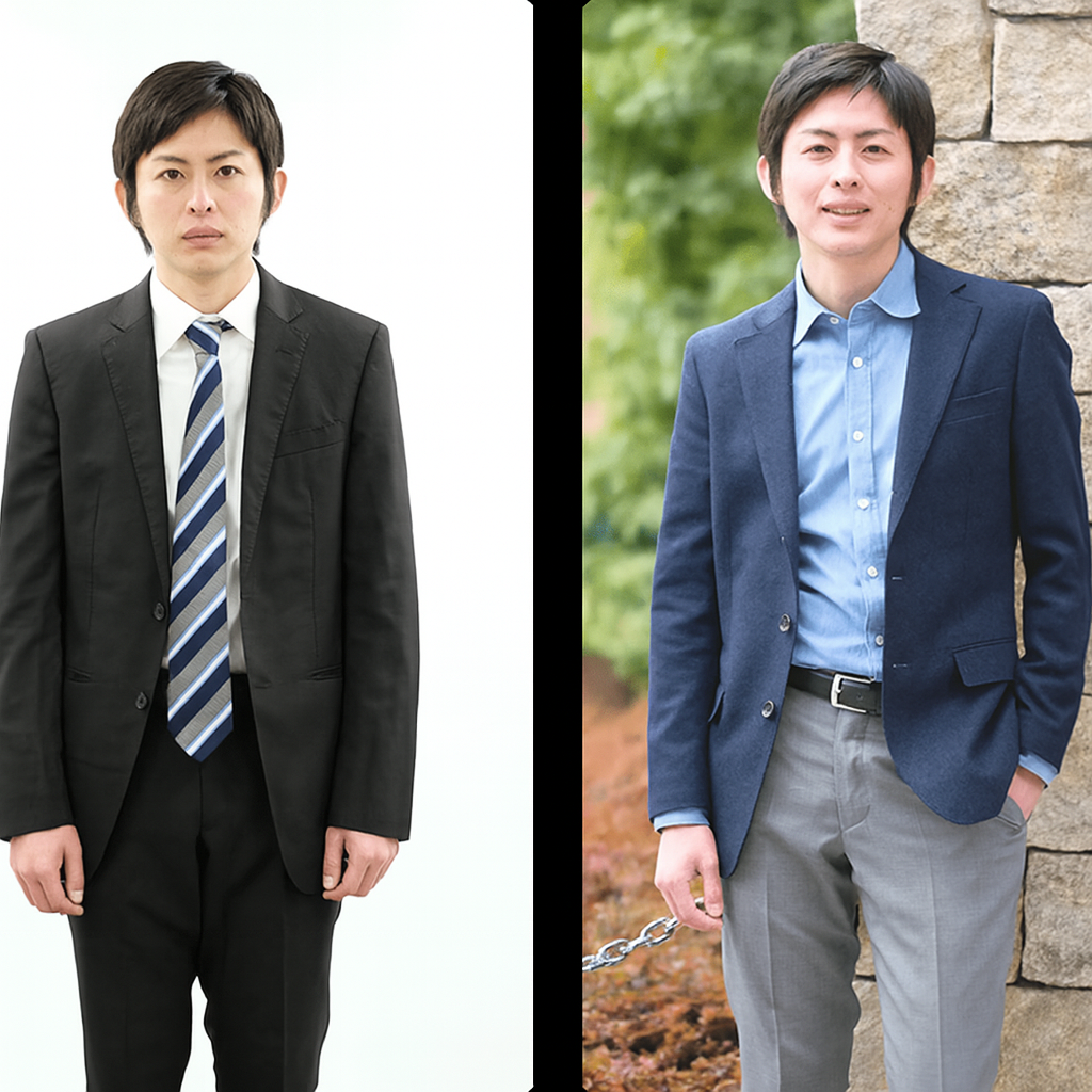 スーツ姿とスマートカジュアル姿の男性を比較した写真。左は白背景で黒スーツ・ネクタイを着用、右は屋外でネイビージャケットとグレーパンツを着用し、リラックスした表情。