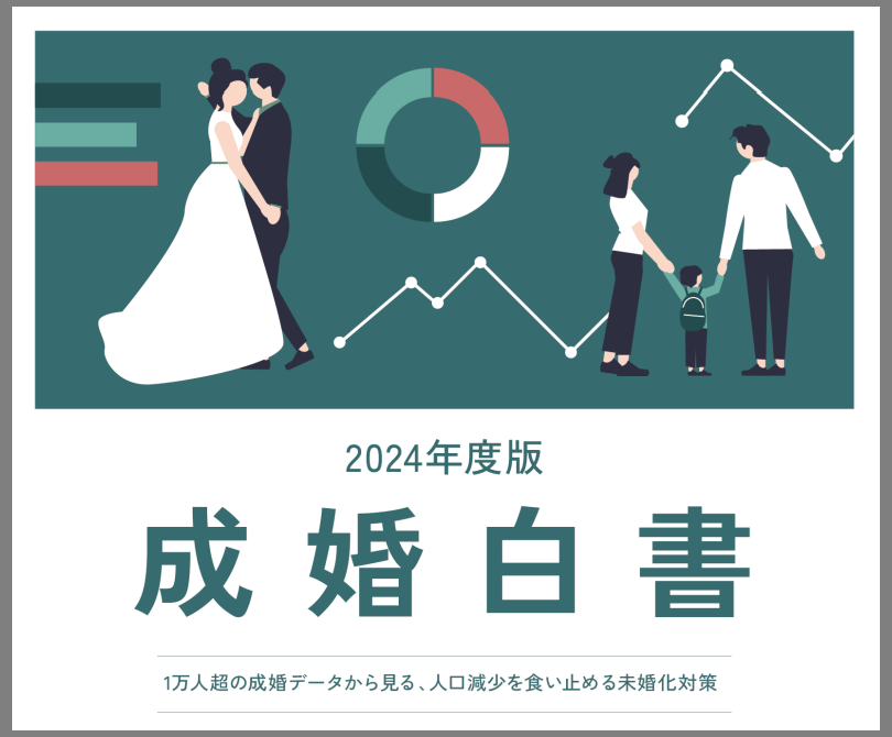 成婚白書の画像で、結婚式の衣装を着たカップルや家族、円グラフや折れ線グラフが含まれたデータの視覚的な表現。下部に日本語で「成婚白書」と書かれています。
