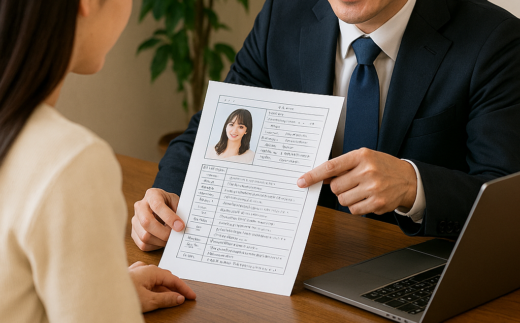 スーツを着た男性が、対面に座る女性に婚活用のプロフィールシートを見せている様子。男性はシートに書かれた内容を指さして説明している。シートには女性の顔写真が掲載されている。