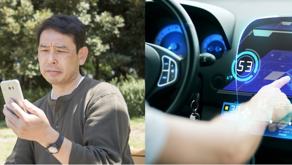 スマートフォンに困惑する中高年男性と車のHUDの対比
