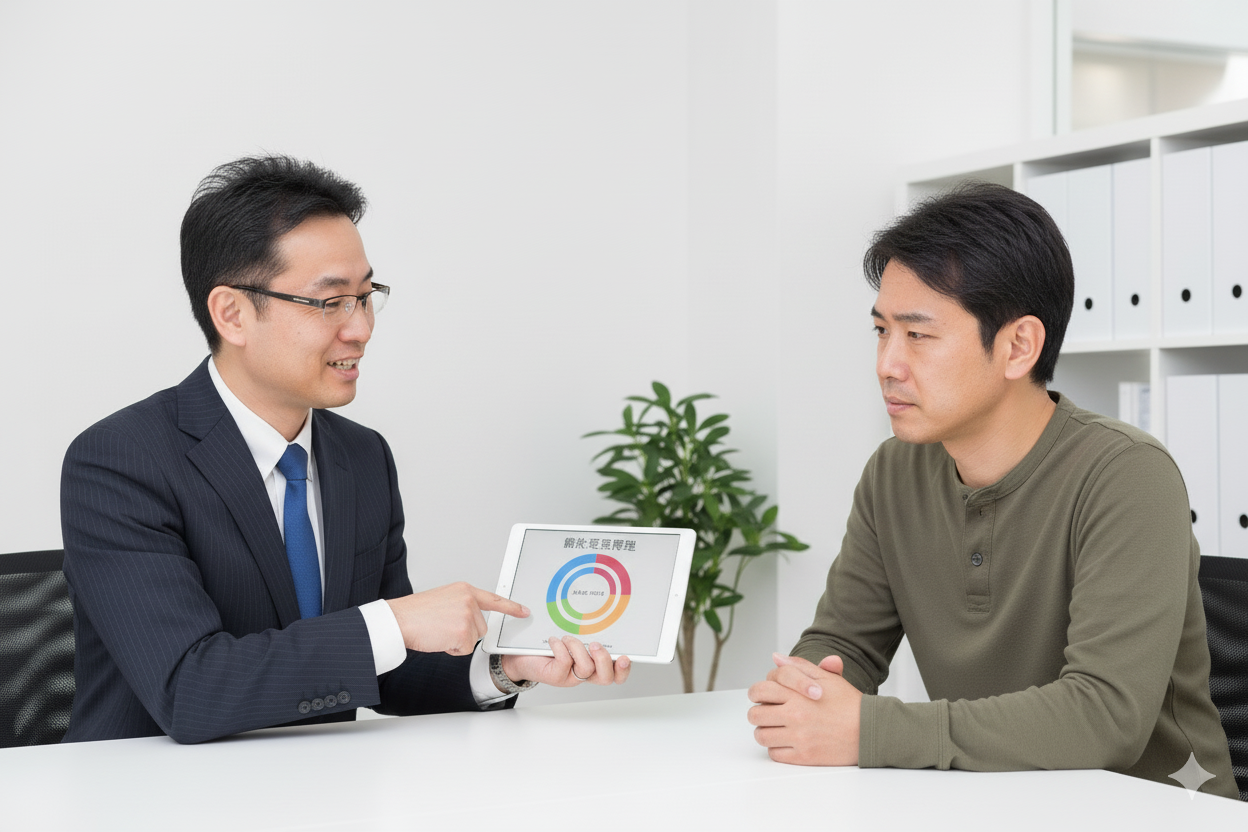 婚活アドバイザーがタブレットの調査結果を会員に示して説明している