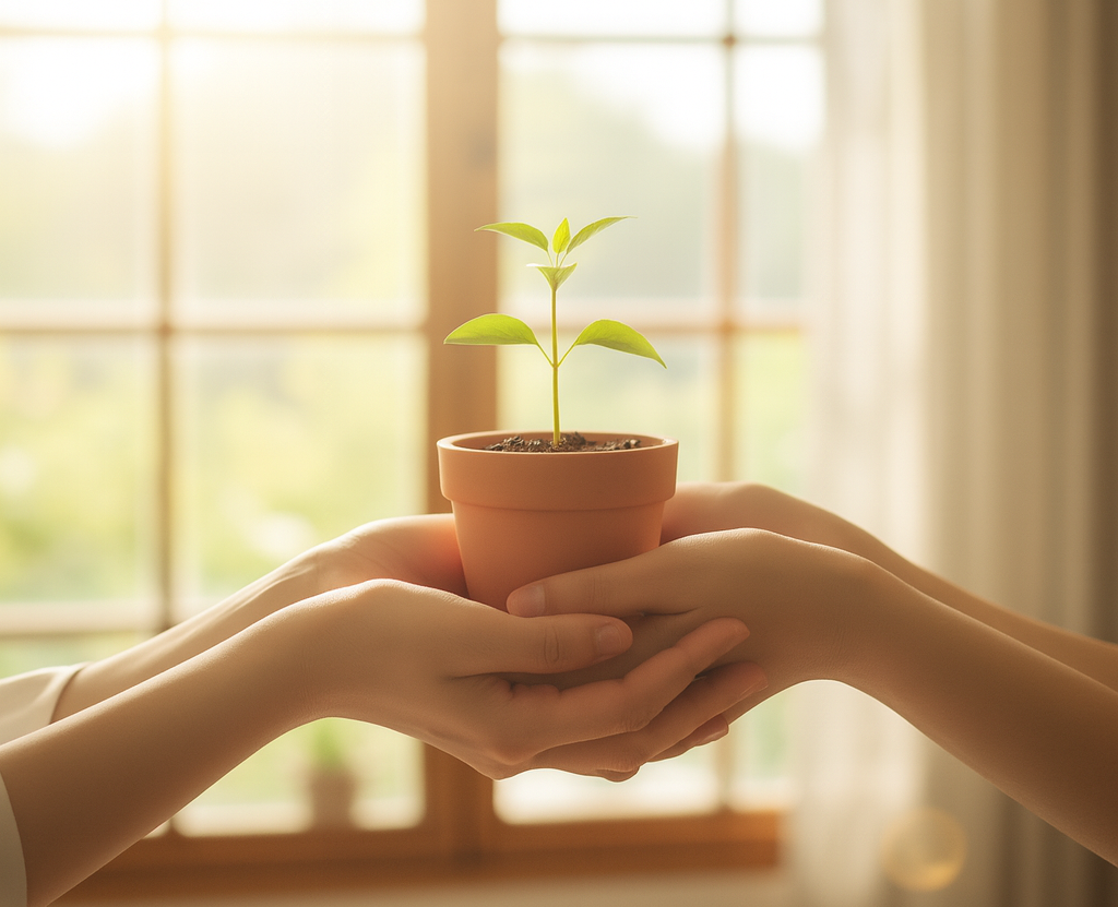 窓から光が差し込む中で、二人の手が小さな鉢植えの若木を大切に支えている様子。成長、希望、共同作業を象徴する画像